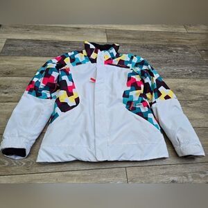Obermeyer  girls size large ski jacket white with colorful geometric shapes